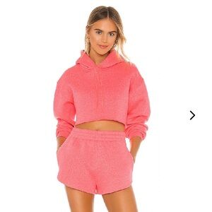 Lovers + Friends Zest Sweatshirt Crop Hoodie and Shorts Set in Neon Pink